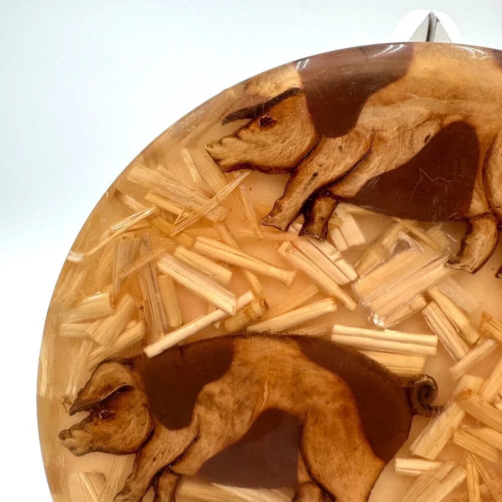 Colorflo Vintage Handmade Farm-Pigs-Hay Embedded Lucite Resin Trivet